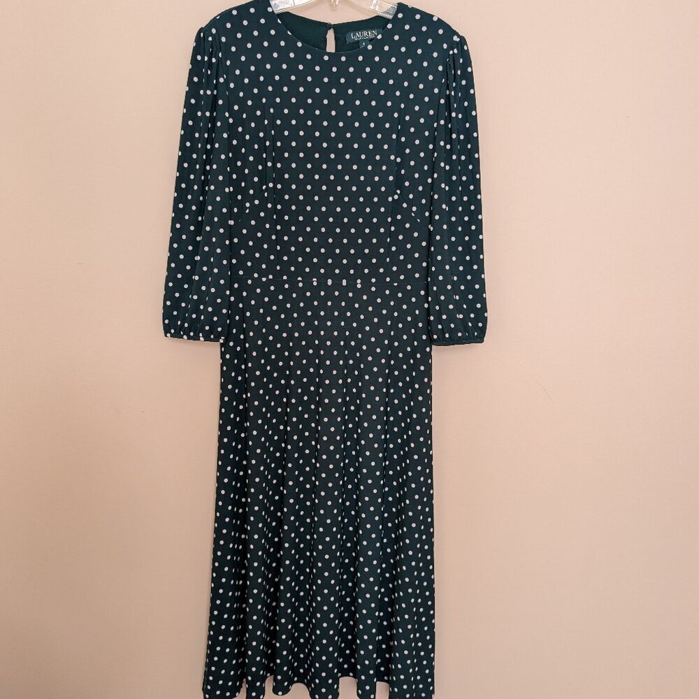 Lauren by Ralph Lauren forest green white polka dots dress 8 cottagecore EUC